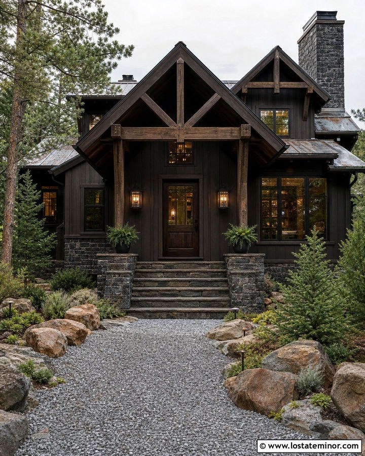 Black Mountain House With Brown Storm Door - 30 Black House Design With Storm Door Ideas