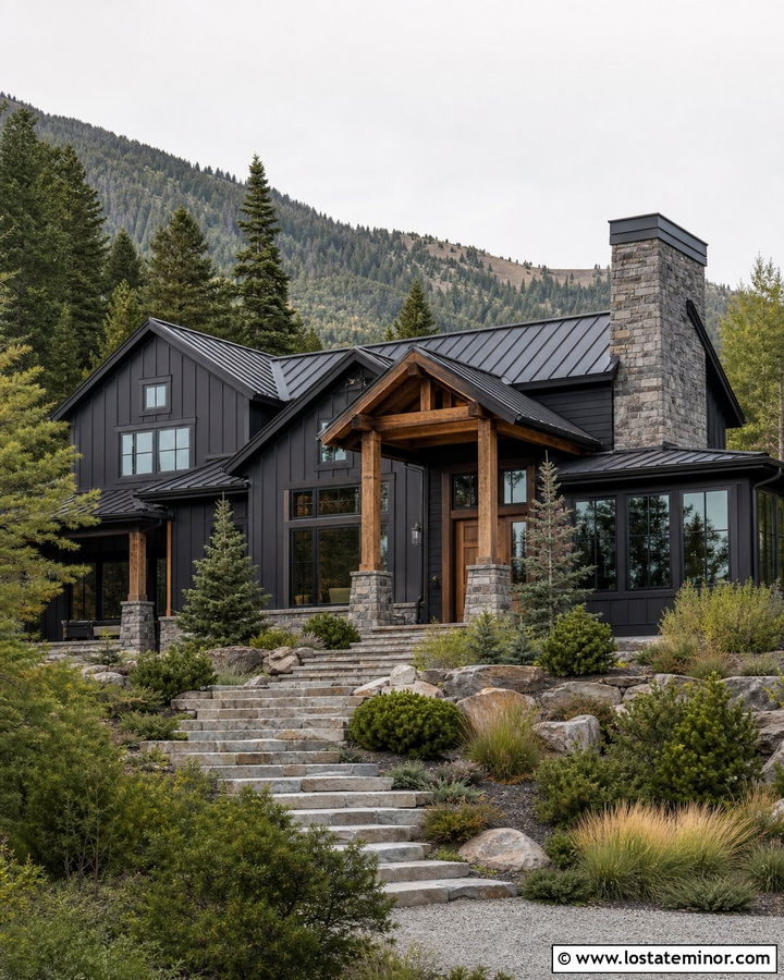Black Mountain House With Conifer Landscaping - 30 Black House Design With Landscaping Ideas