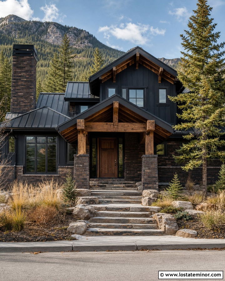 Black Mountain House With Dark Brick - 30 Black House Design With Brick Accents Ideas