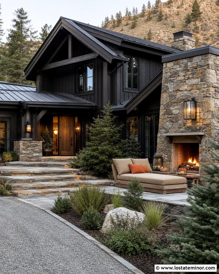 Black Mountain House With Fireplace Daybed - 30 Black House Design With Daybed Ideas