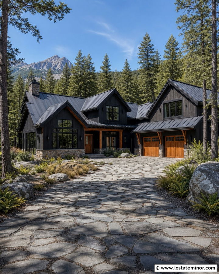Black Mountain House With Natural Stone Driveway - 30 Black House Design With Driveway Ideas