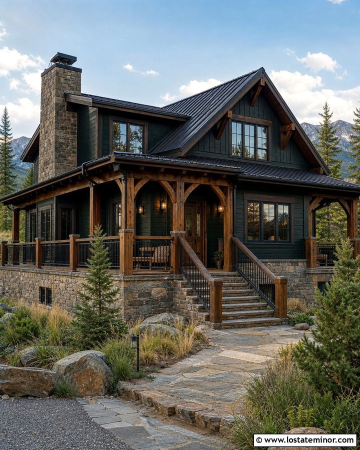 Black Mountain House With Rustic Railings - 30 Black House Design With Railings Ideas