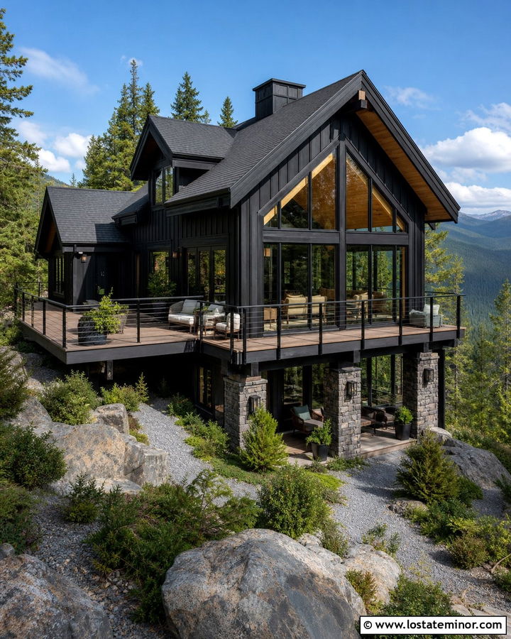 Black Mountain House With Sloped Sunroom - 30 Black House Design With Sunroom Ideas