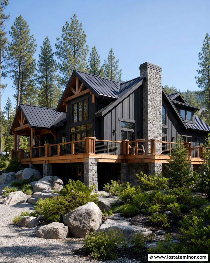 Black Mountain House With Stone And Deck - 30 Black House Design With Deck Ideas