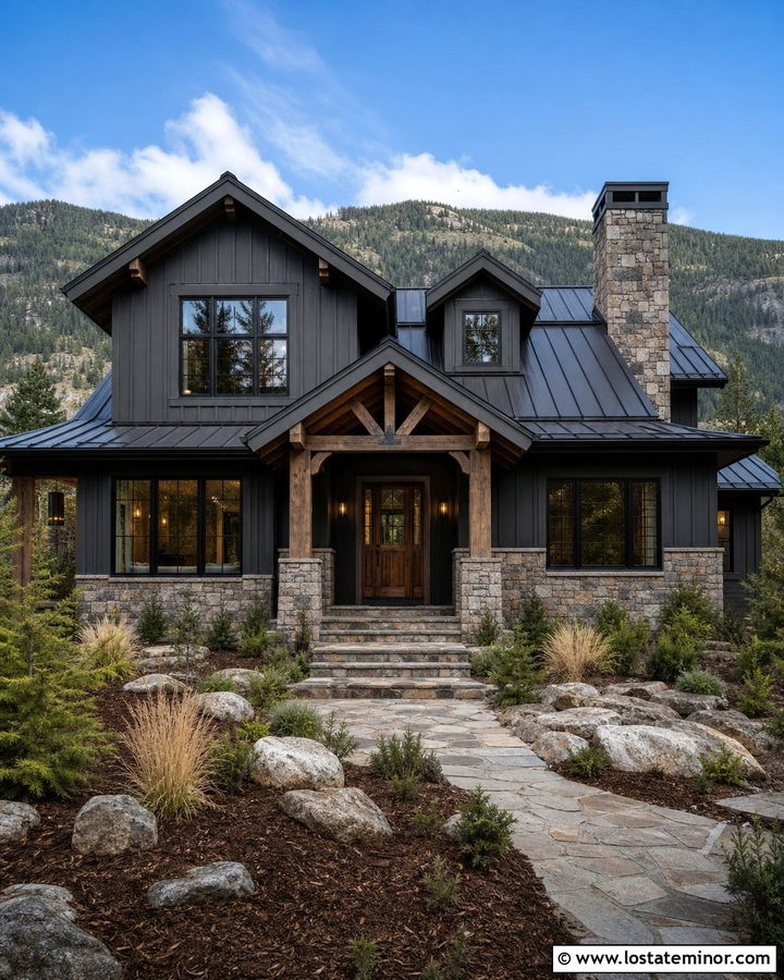 Black Mountain House With Stone Foundation - 30 Black House Design With Siding Ideas