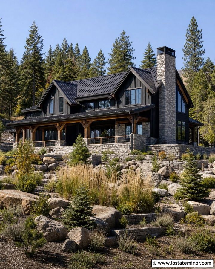 Black Mountain House With Stone Gables - 30 Black House Design With Gables Ideas