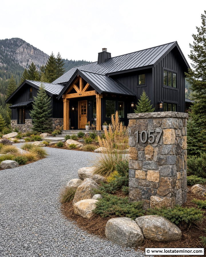 Black Mountain House With Stone Number Column - 30 Black House Design With House Numbers Ideas