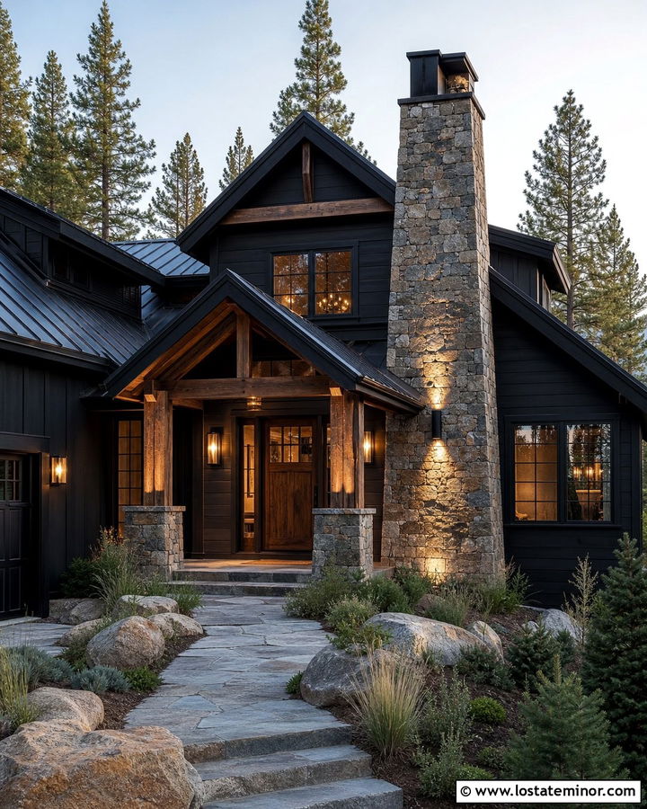 Black Mountain House With Stone Uplights - 30 Black House Design With Light Fixtures Ideas