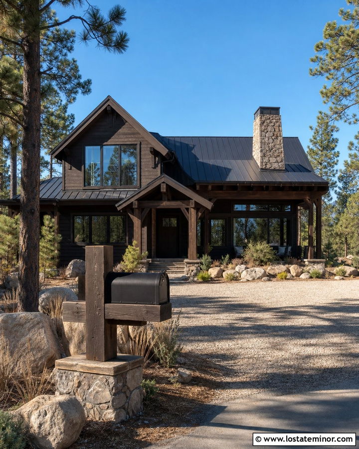 Black Mountain House With Timber Mailbox - 30 Black House Design With Mailbox Ideas