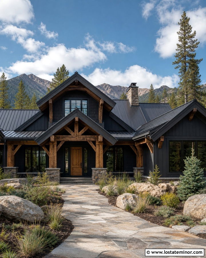 Black Mountain House With Timber Porch Columns - 30 Black House Design With Porch Columns Ideas