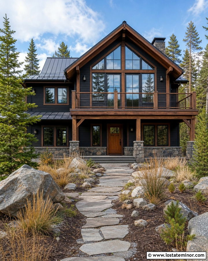 Black Mountain House With Wood Window Frames - 30 Black House Design With Window Frames Ideas