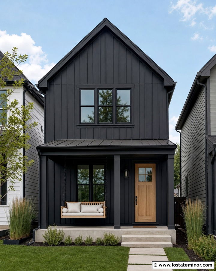 Black Narrow House With Compact Swing - 30 Black House Design With Swing Ideas