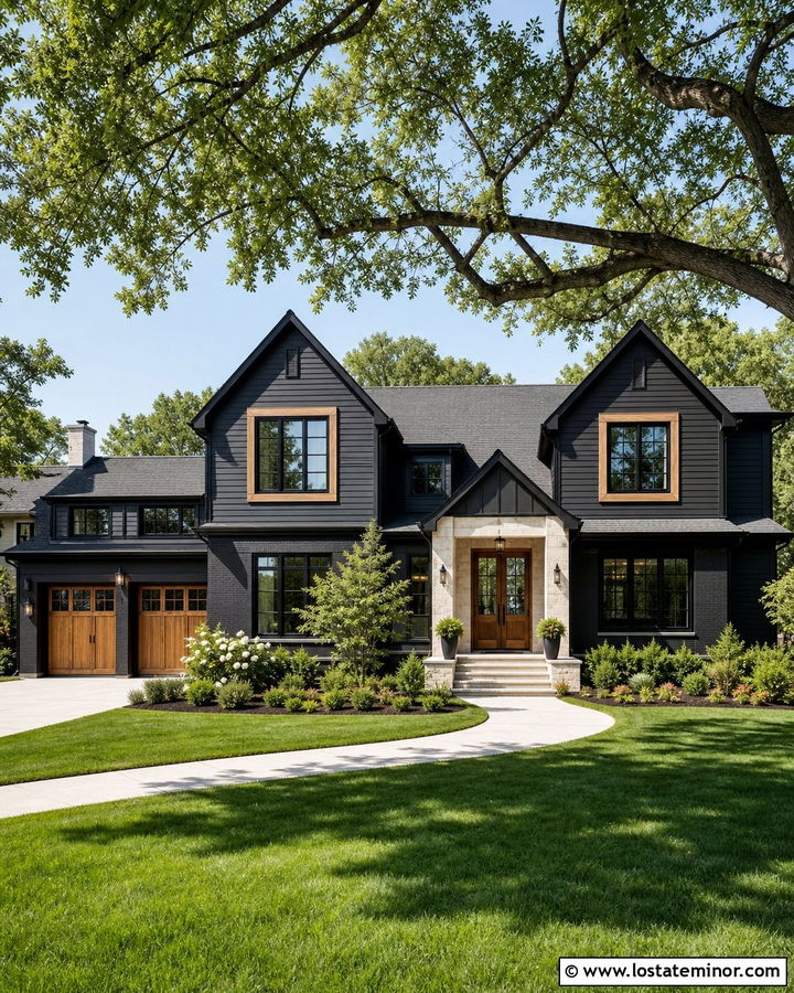 Black New American House With Mixed Window Frames - 30 Black House Design With Window Frames Ideas