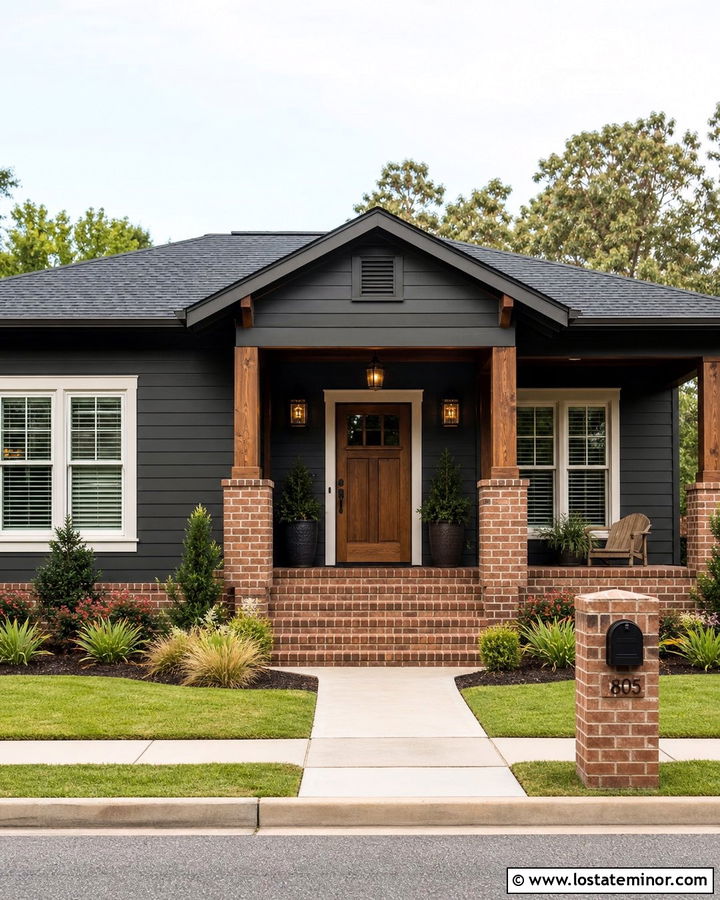 Black One Story House With Brick Columns - 30 Black House Design With Brick Accents Ideas