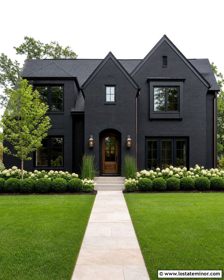 Black Painted Brick House With Green Lawn - 30 Black House Design With Front Yard Ideas