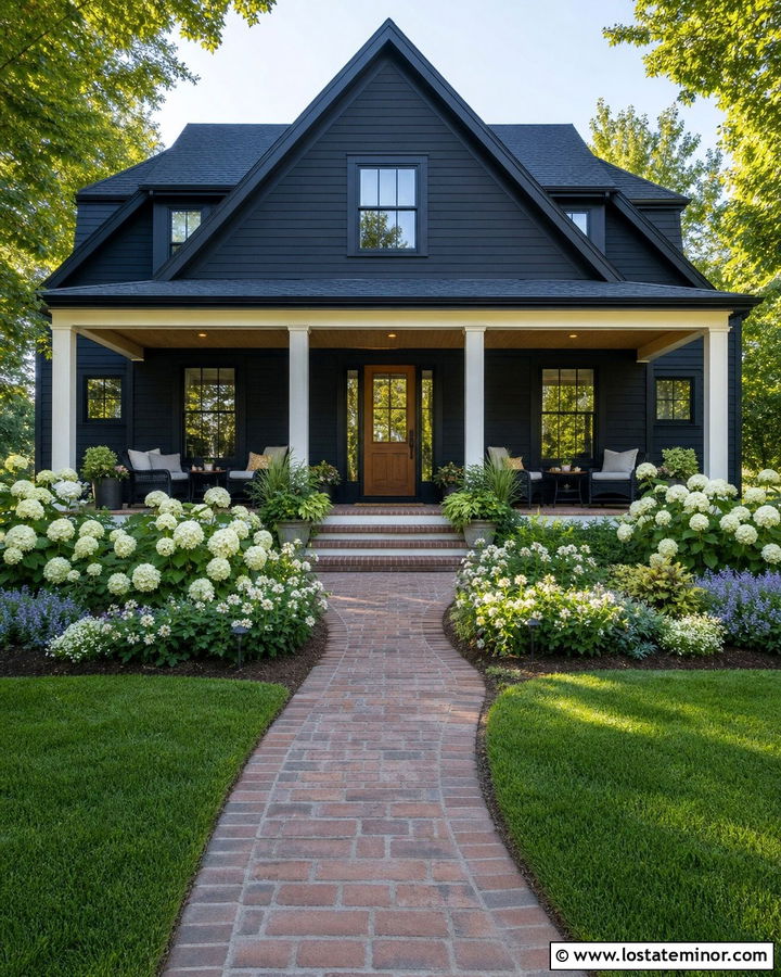 Black Porch House With Layered Flower Beds - 30 Black House Design With Front Yard Ideas