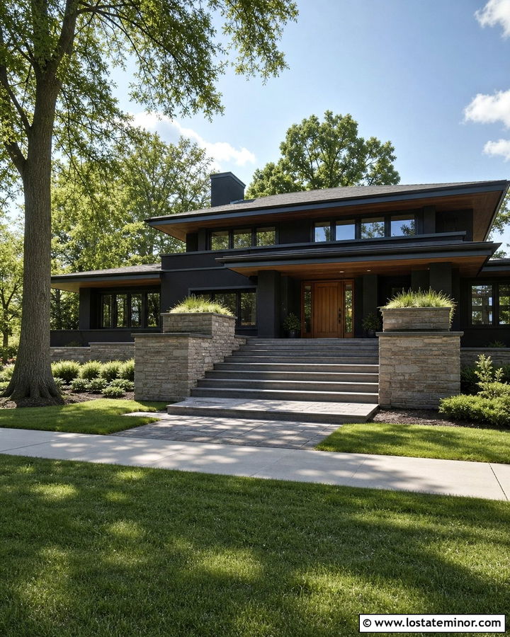 Black Prairie House With Broad Stone Steps - 30 Black House Design With Steps Ideas