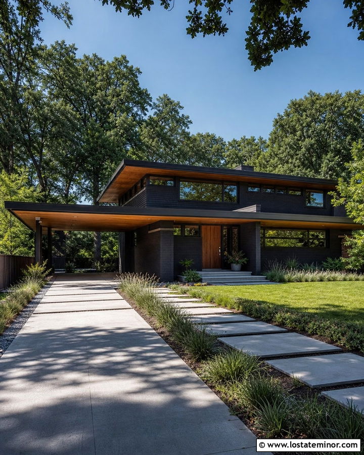 Black Prairie House With Cantilevered Carport - 30 Black House Design With Carport Ideas