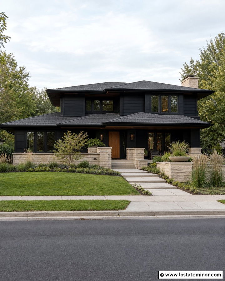 Black Prairie House With Hip Roof Shingles - 30 Black House Design With Shingles Ideas