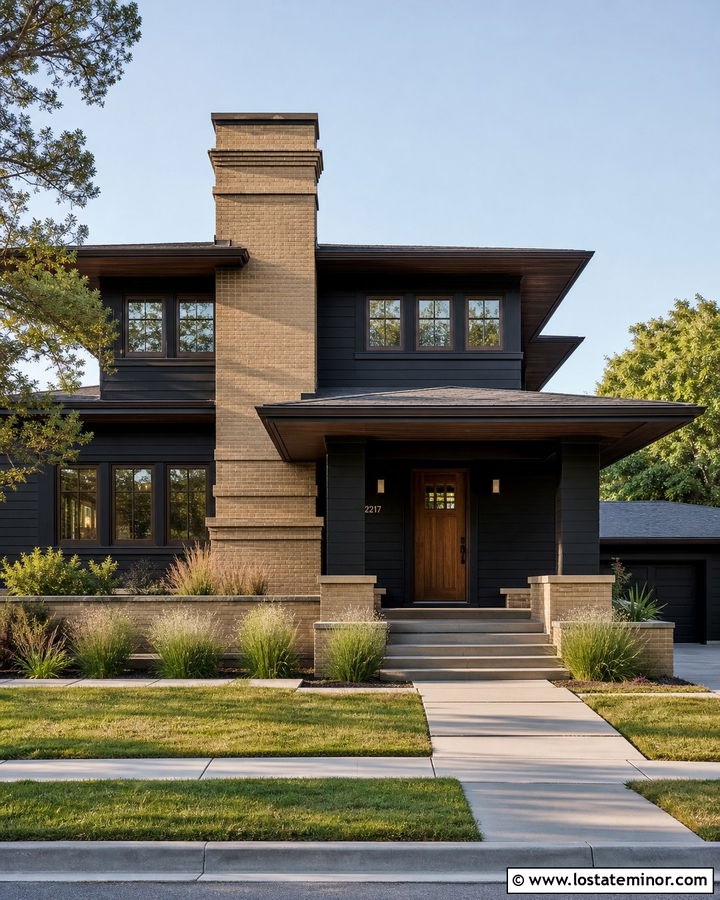 Black Prairie House With Horizontal Chimney Detail - 30 Black House Design With Chimney Ideas