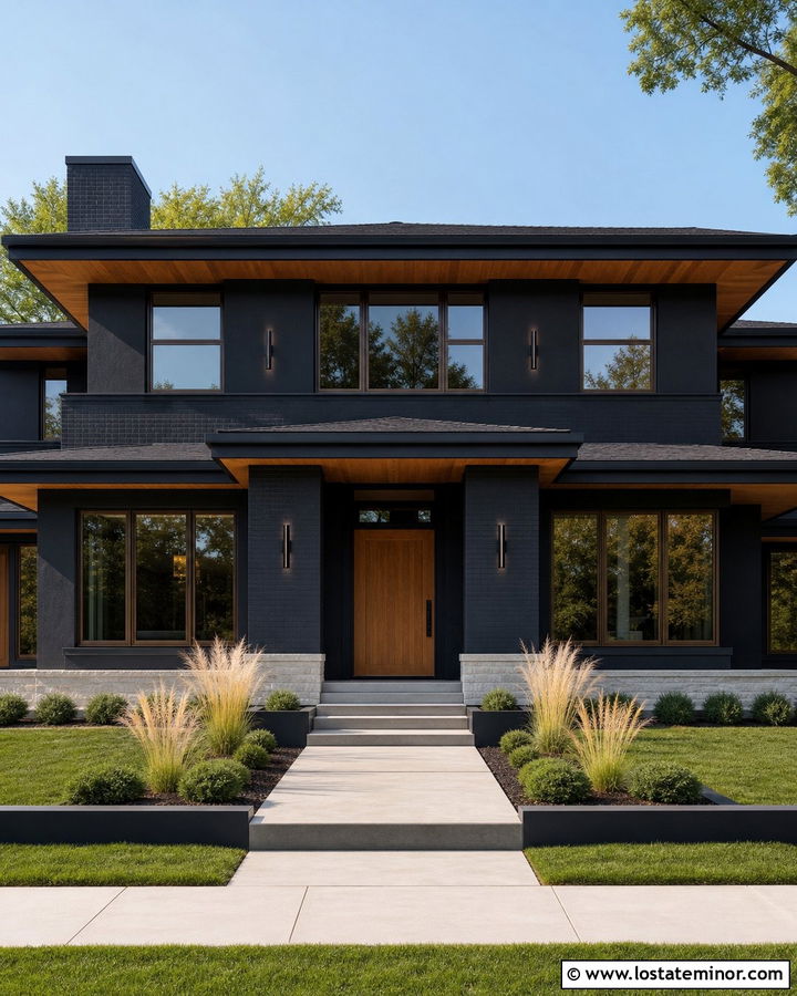 Black Prairie House With Horizontal Sconces - 30 Black House Design With Light Fixtures Ideas