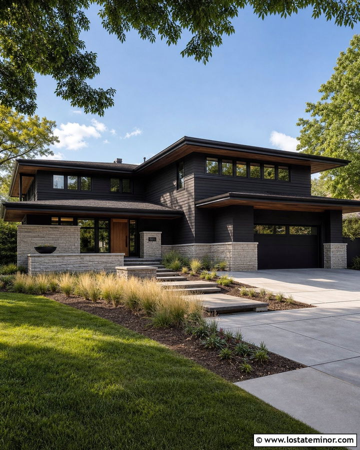 Black Prairie House With Horizontal Stone - 30 Black House Design With Stone Accents Ideas