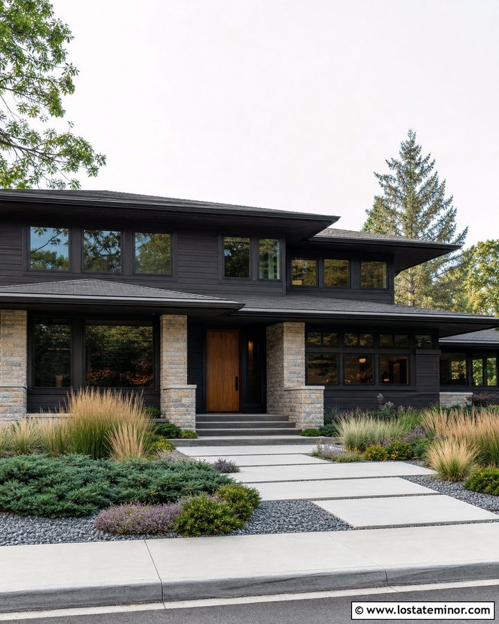 Black Prairie House With Layered Grass Yard - 30 Black House Design With Front Yard Ideas