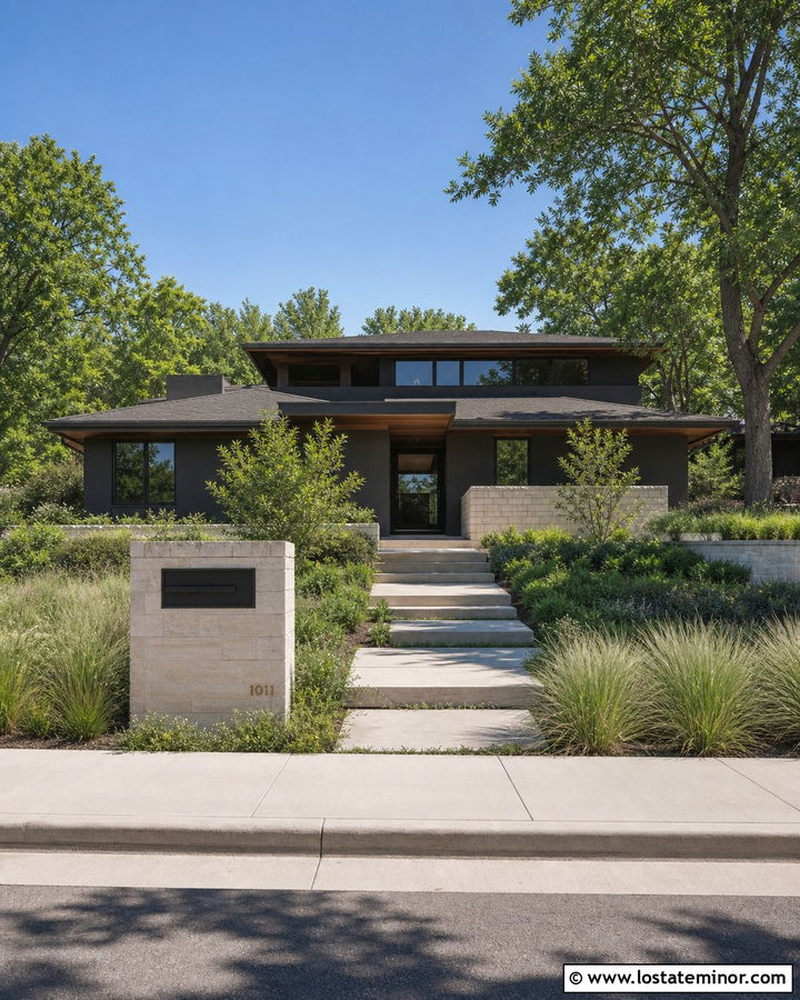 Black Prairie House With Limestone Mailbox - 30 Black House Design With Mailbox Ideas