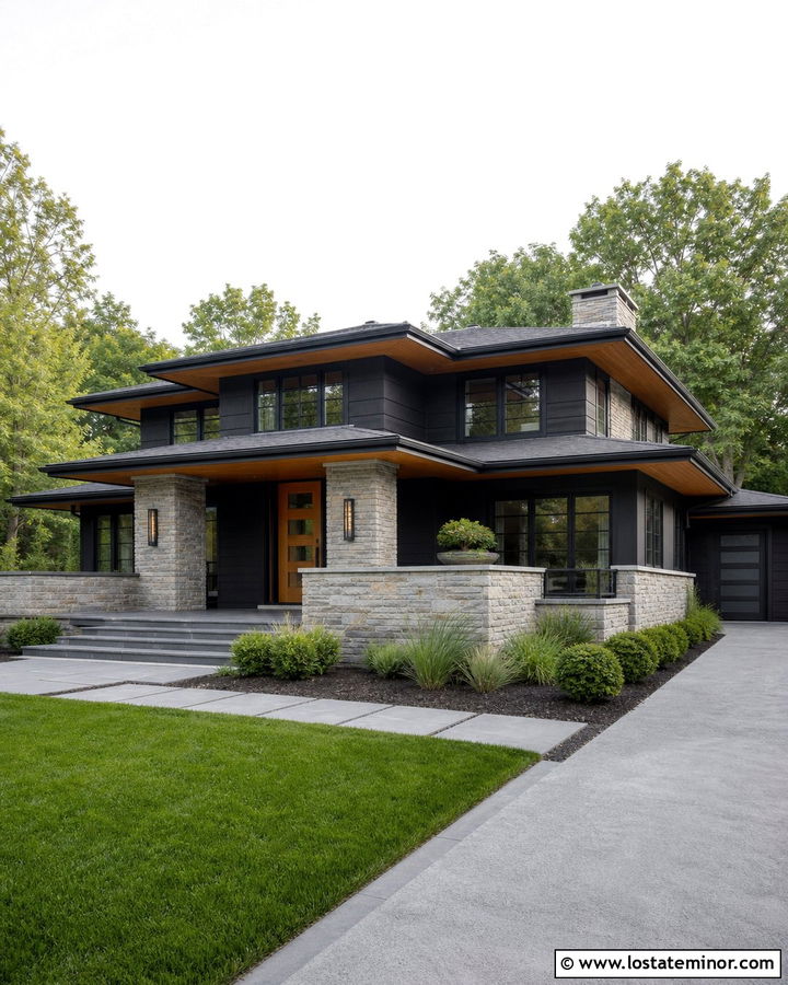 Black Prairie House With Masonry Porch Columns - 30 Black House Design With Porch Columns Ideas
