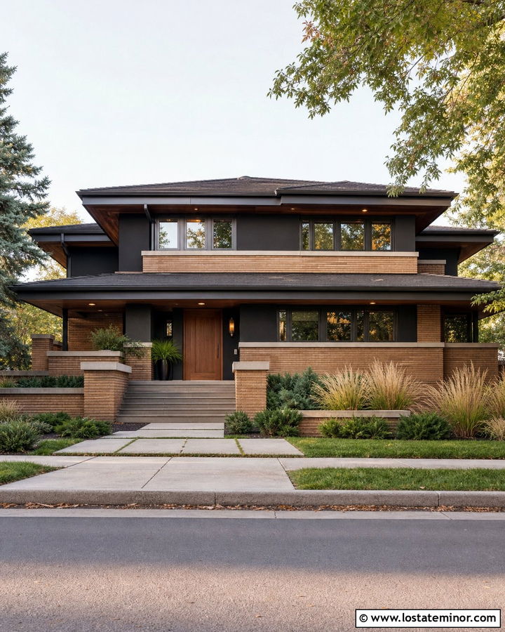 Black Prairie House With Tan Brick - 30 Black House Design With Brick Accents Ideas