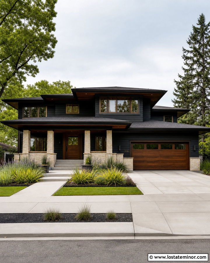 Black Prairie House With Walnut Porch Ceiling - 30 Black House Design With Porch Ceiling Ideas