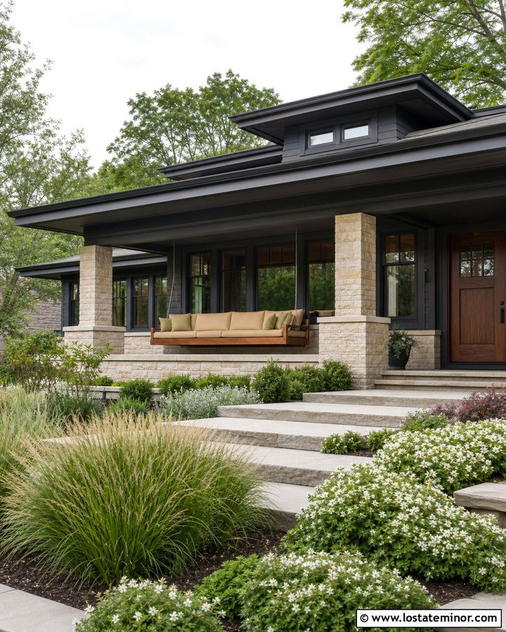 Black Prairie House With Wide Porch Swing - 30 Black House Design With Swing Ideas