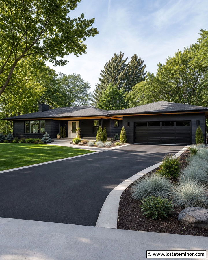 Black Ranch House With Asphalt Driveway - 30 Black House Design With Driveway Ideas