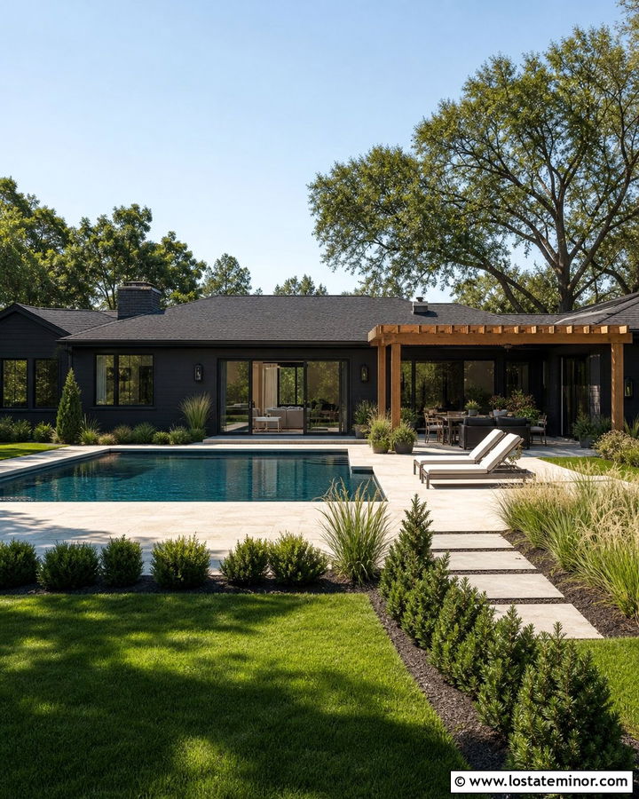 Black Ranch House With Backyard Pool - 30 Black House Design With Swimming Pool Ideas