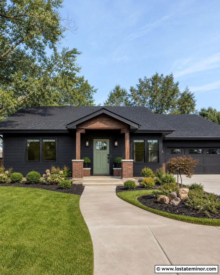 Black Ranch House With Brick Portico - 30 Black House Design With Portico Ideas