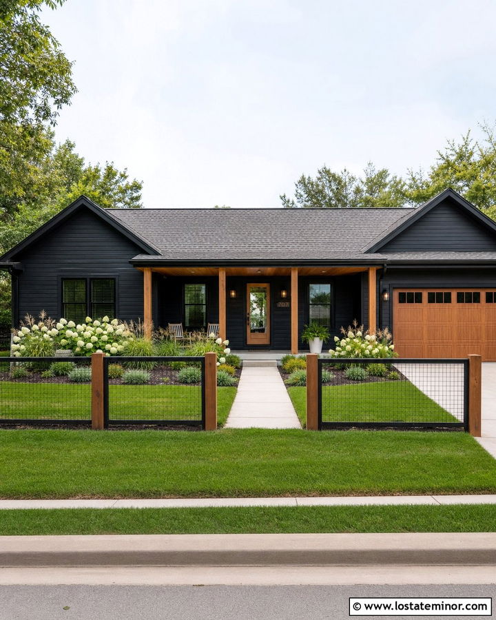 Black Ranch House With Cedar Hog Wire Fence - 30 Black House Design With Fence Ideas