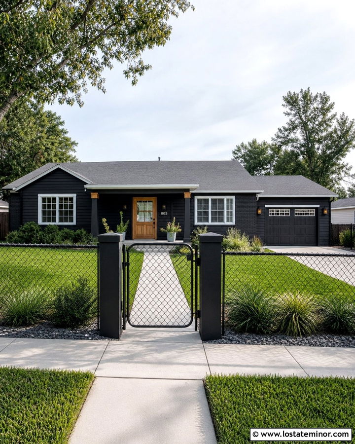 Black Ranch House With Coated Chain Link Fence - 30 Black House Design With Fence Ideas