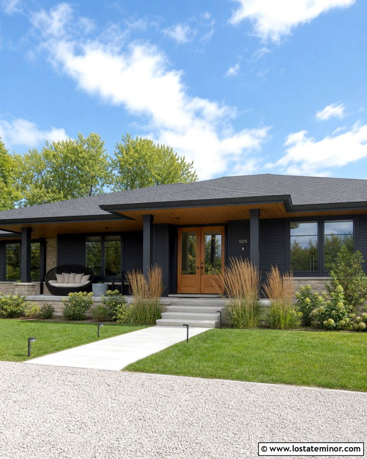 Black Ranch House With Covered Patio Daybed - 30 Black House Design With Daybed Ideas