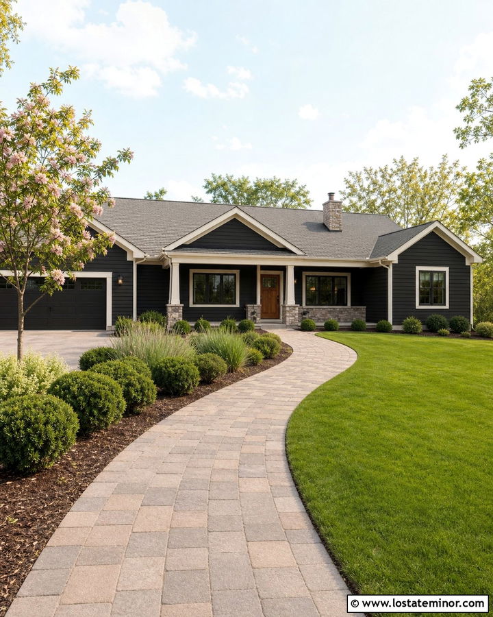 Black Ranch House With Curved Paver Walkway - 30 Black House Design With Walkway Ideas