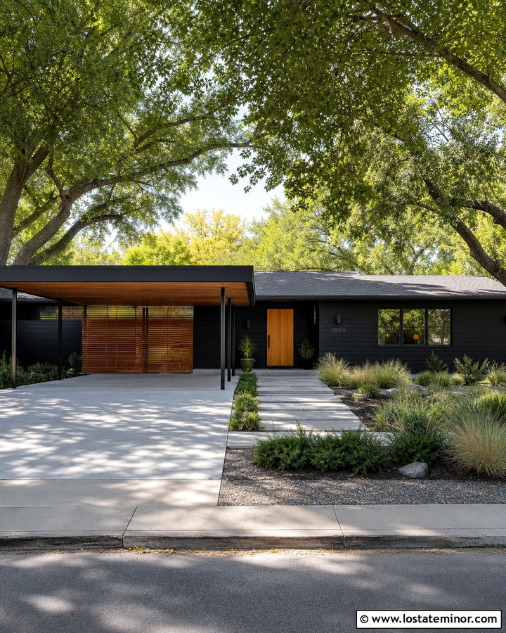 Black Ranch House With Flat Roof Carport - 30 Black House Design With Carport Ideas