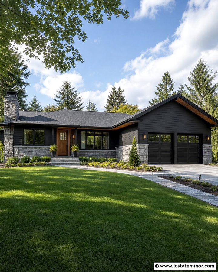 Black Ranch House With Gray Fieldstone - 30 Black House Design With Stone Accents Ideas