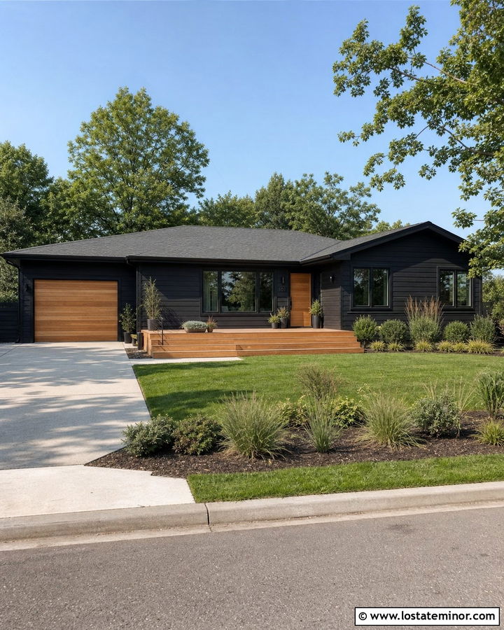 Black Ranch House With Ground Level Deck - 30 Black House Design With Deck Ideas