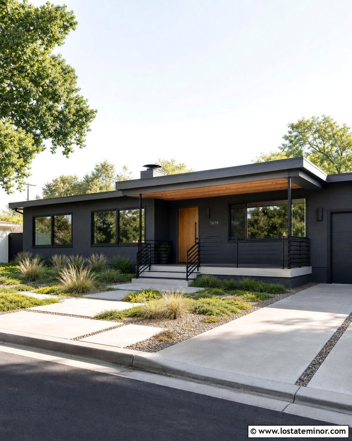 Black Ranch House With Horizontal Railings - 30 Black House Design With Railings Ideas