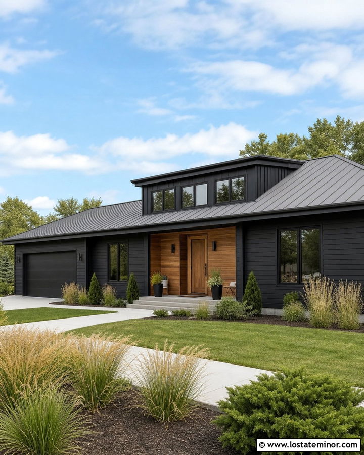 Black Ranch House With Long Shed Dormer - 30 Black House Design With Dormers Ideas