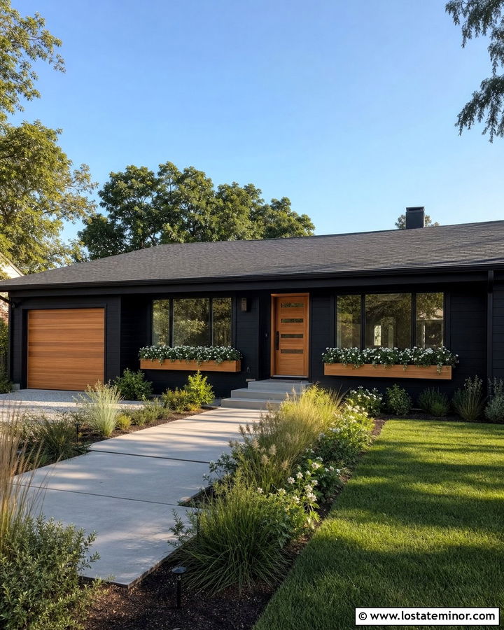 Black Ranch House With Long Window Boxes - 30 Black House Design With Window Boxes Ideas