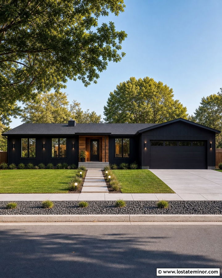 Black Ranch House With Modern Cylinder Lights - 30 Black House Design With Lighting Ideas