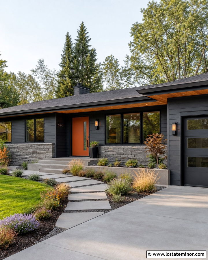 Black Ranch House With Orange Front Door - 30 Black House Design With Entry Door Ideas