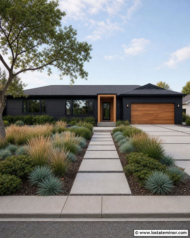 Black Ranch House With Ornamental Grass Yard - 30 Black House Design With Front Yard Ideas