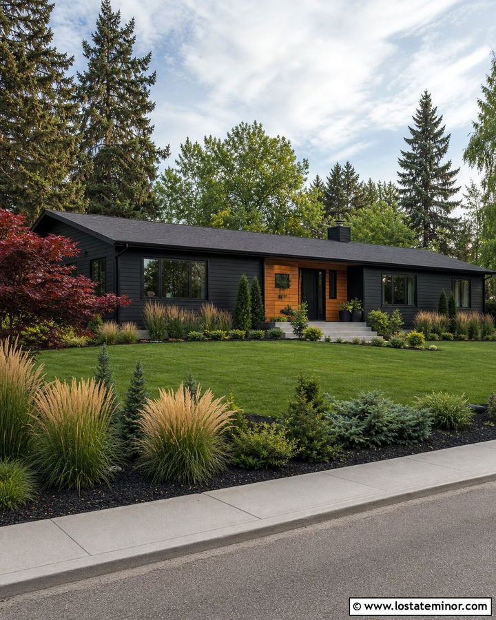 Black Ranch House With Ornamental Grasses - 30 Black House Design With Landscaping Ideas