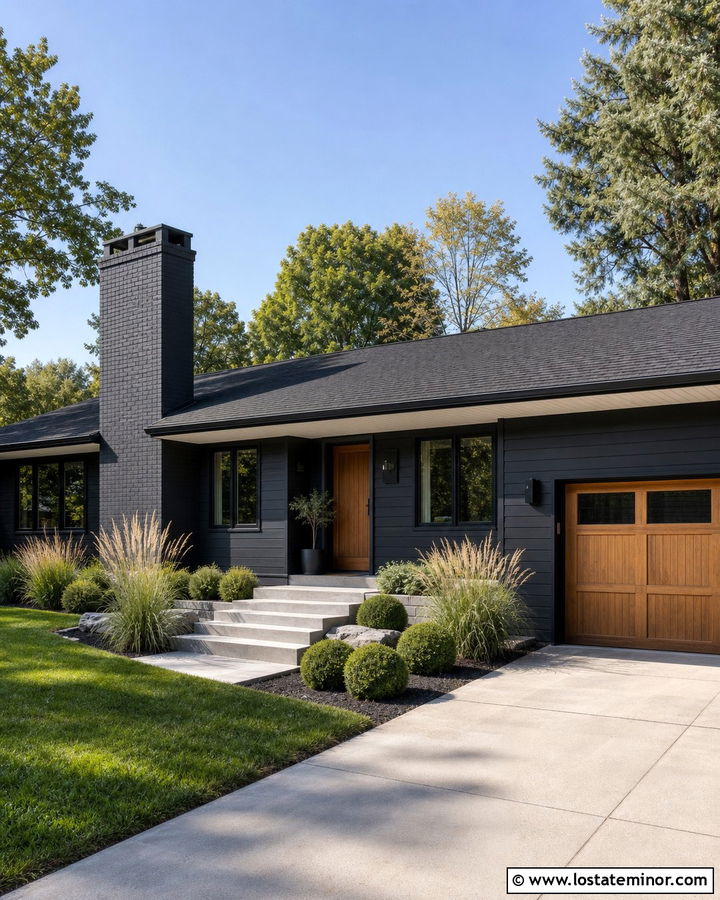 Black Ranch House With Painted Brick Chimney - 30 Black House Design With Chimney Ideas